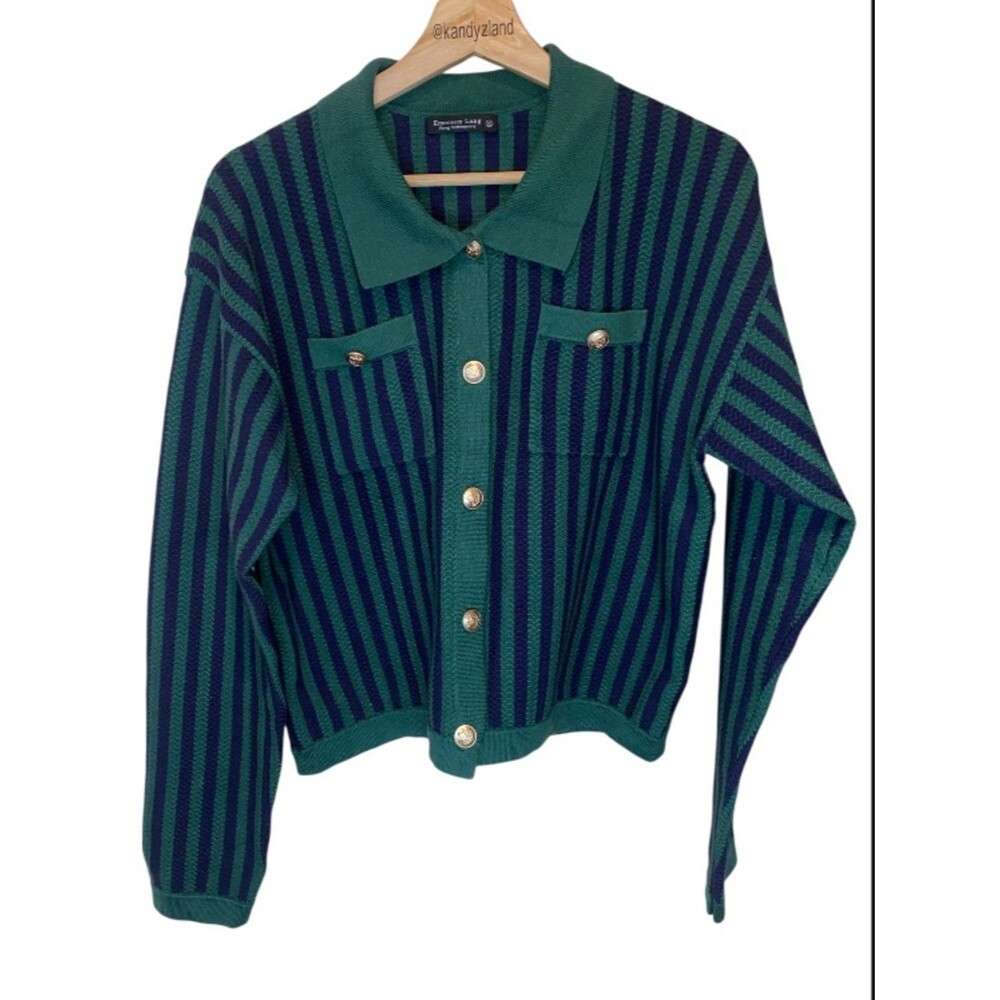 EMERSON LANG Classy Luxury Quality Cardigan Sweater in Green Navy Blue Stripe - Picture 2 of 6